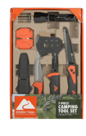 Ozark Trail 7-Piece Camping Tool Set with Hammer, Axe, Flashlight, and Knives, Batteries Included
