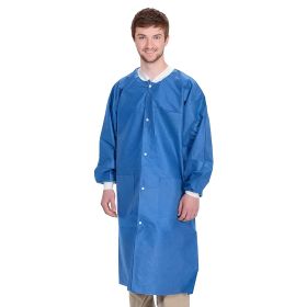 Disposable Lab Coats. Pack of 100 Blue Adult Work Gowns Medium. SMS 40 gsm PPE Clothing with Snaps Front, Knit Cuffs & Collar