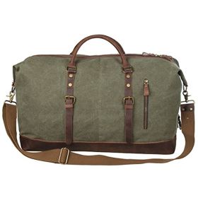 S-ZONE Duffle Bag for Travel 60L Canvas Duffel Bag Carry on Genuine Leather Overnight Weekender Bag for Men (Color: light gray)