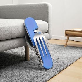 Stainless Steel 6-in-1 Multi-Tool Cutlery Set, Folding Pocket Knife with Fork, Spoon, Can Opener, Corkscrew, and Bottle Opener (Color: Blue)